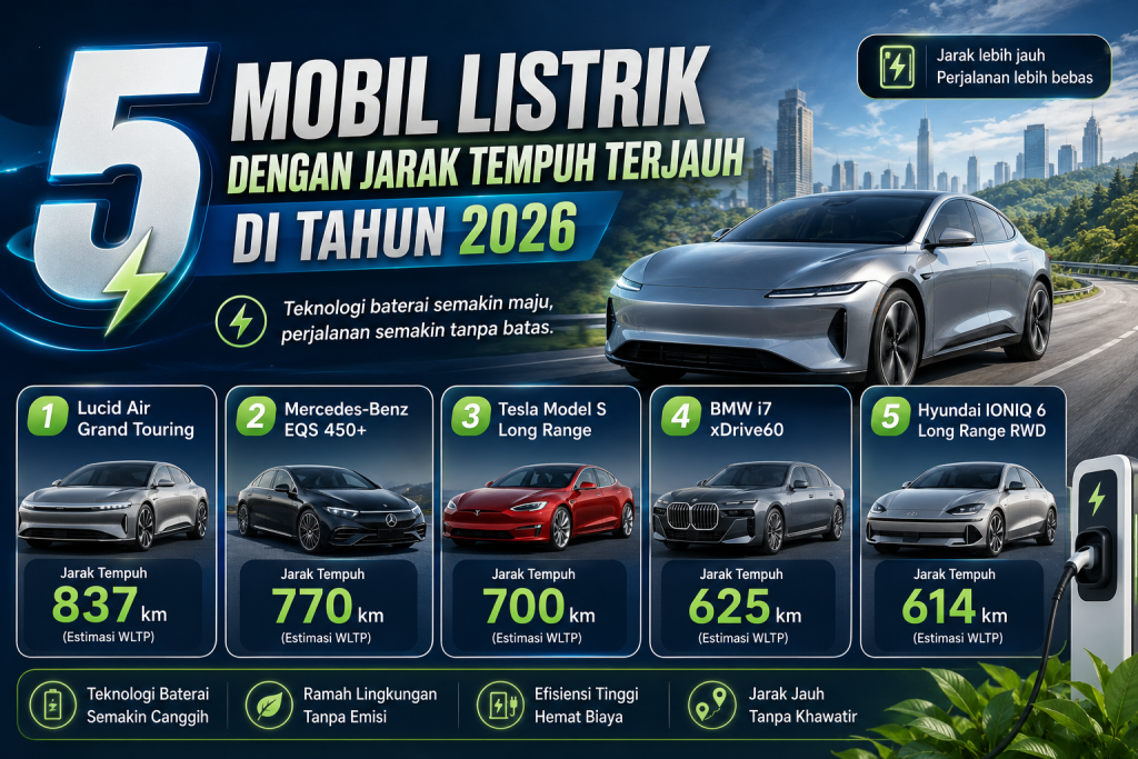 5 Mobil Listrik dengan Jarak Tempuh Terjauh di Tahun 2026